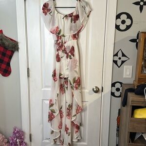 White and red floral romper with high low skirt